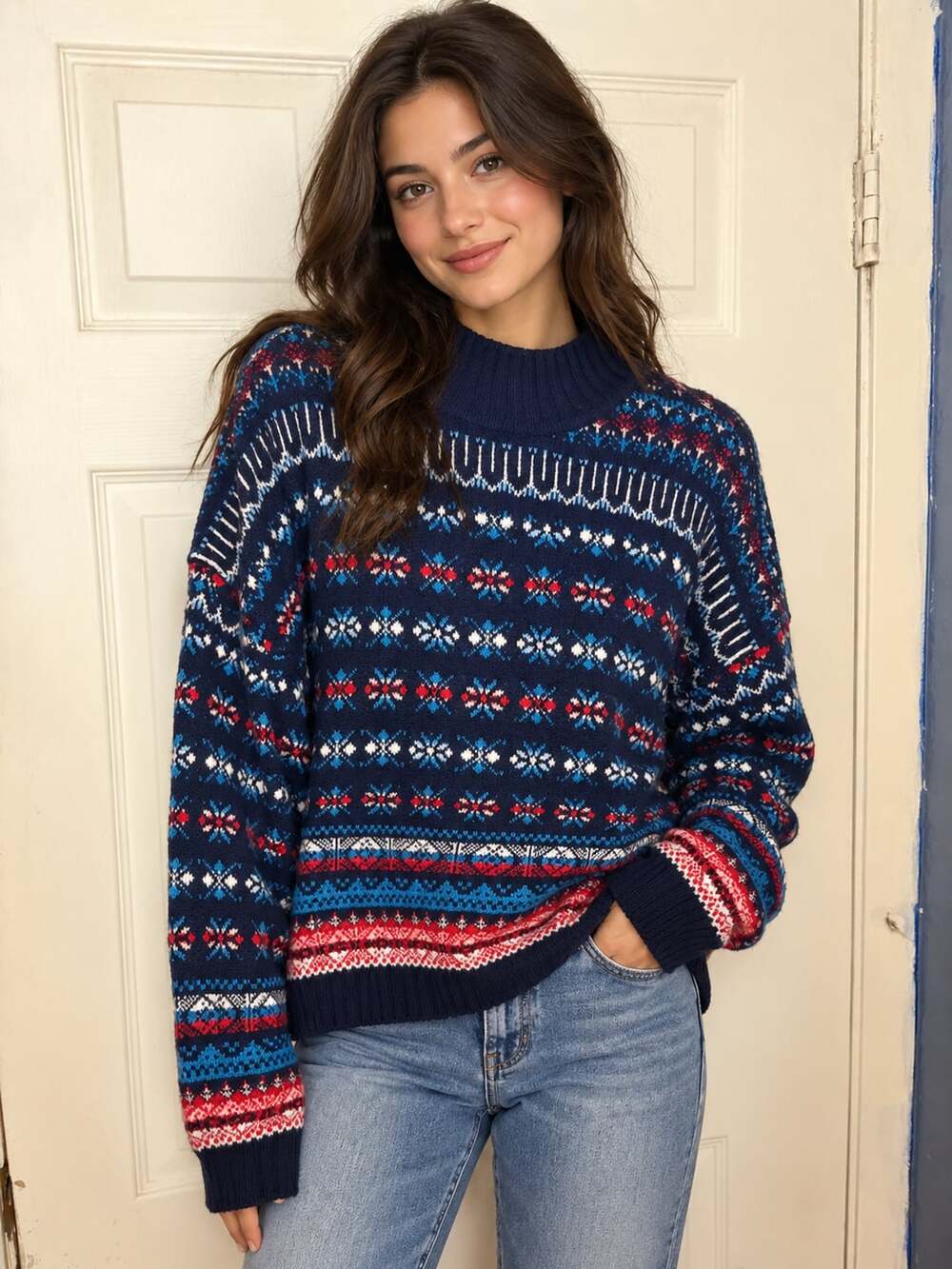 Loft Fair Isle Mock Neck Sweater Navy Red Size Medium